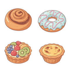 Cartoon illustration of cinnamon roll, donut, fruit tart, and egg tart on transparent background