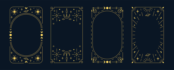 Celestial ornament for tarot card design, golden Boho line art rectangular frames, mystical thin line border vector set
