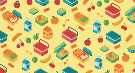 Isometric pattern of lunchboxes, fruit, and drinks on yellow background on transparent background