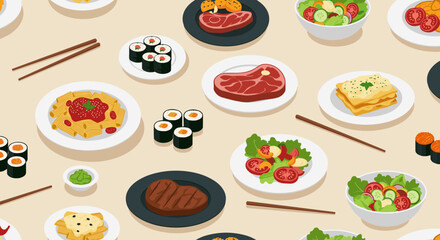 Seamless pattern of various food dishes: sushi, steak, pasta, and salad on transparent background