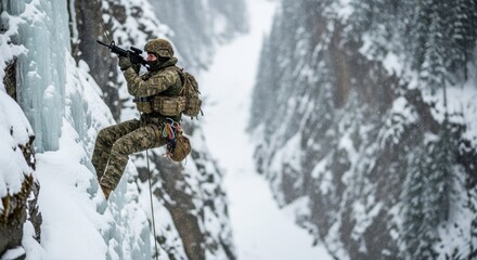 Soldier with rifle rappelling a snowy cliff. Military training in extreme winter conditions. Tactical special operations concept.