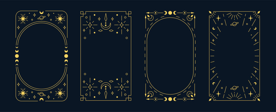 Celestial ornament for tarot card design, golden Boho line art rectangular frames, mystical thin line border vector set
