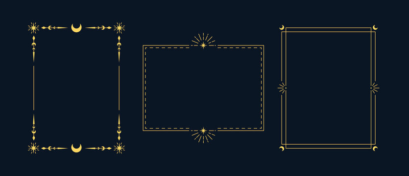 Set of golden linear frames with occult symbols, crescent moon, stars on black background.