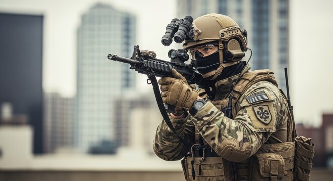 Soldier, a man in combat uniform, holding a rifle and aiming it during a special operation in an urban environment.