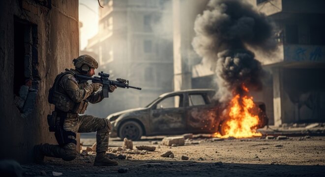 Soldier man with automatic rifle aiming during military operation. Burning car and ruined building at background for war theme.