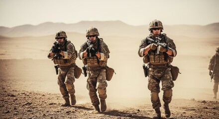 Three male soldiers in tactical gear walking through a dusty desert landscape with rifles. Military operation concept, for warfare imagery.