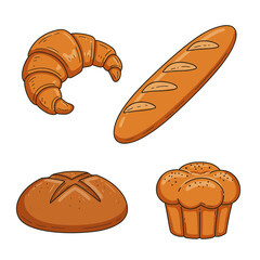 Illustration of croissant, baguette, round bread, and brioche on transparent background