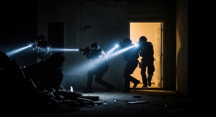 Tactical team of men operating in dark. Military special operations unit moving through building. Force protection concept.