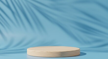 Abstract 3D product display with a wooden podium and palm leaf shadows on a blue background