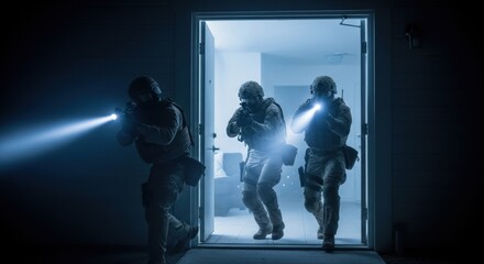 Three men, special forces soldiers, in tactical gear with flashlights and rifles, entering a building during a night operation.