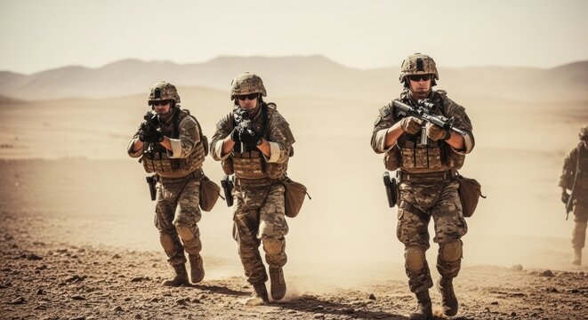 Three male soldiers in tactical gear walking through a dusty desert landscape with rifles. Military operation concept, for warfare imagery.