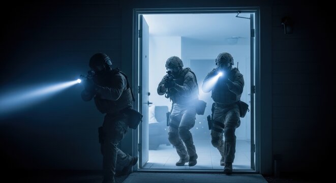 Three men, special forces soldiers, in tactical gear with flashlights and rifles, entering a building during a night operation.