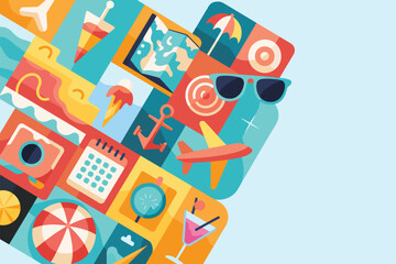 Colorful travel icons arranged in a collage with sunglasses on a light blue background design concept
