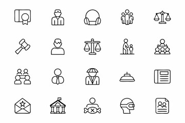 A clean and informative icon set illustrating key figures within the judicial process. Great for legal firm websites, educational visuals, and lawyer profiles