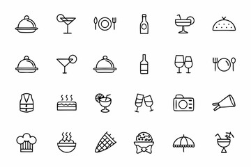 A chic line icon pack reflecting fine dining, drinks, and resort entertainment. Perfect for resort menus, poolside signage, event flyers, and guest guides