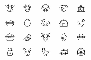 A clean and rustic line icon bundle representing farm animals and their habitats. Ideal for dairy farms, poultry producers, butcher shops, and livestock tracking apps