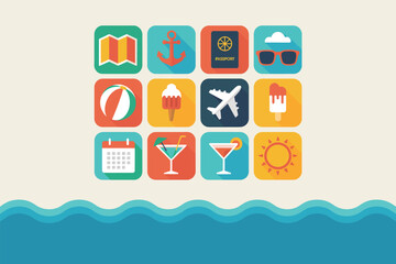 Flat design summer vacation icons arranged in a grid with ocean waves at the bottom of the image