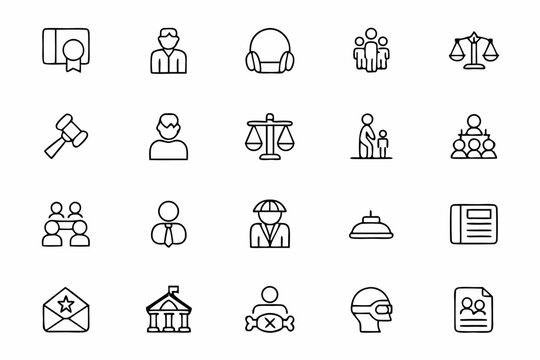 A clean and informative icon set illustrating key figures within the judicial process. Great for legal firm websites, educational visuals, and lawyer profiles