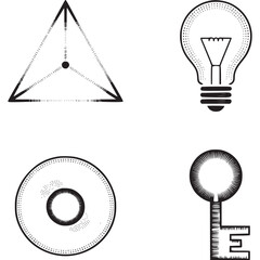 Geometric shapes: triangle, lightbulb, circle, and key on transparent background