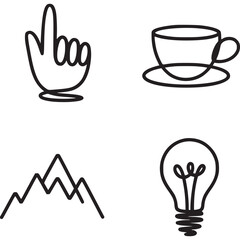 Grid of hand, cup, mountains, and lightbulb line drawings on transparent background