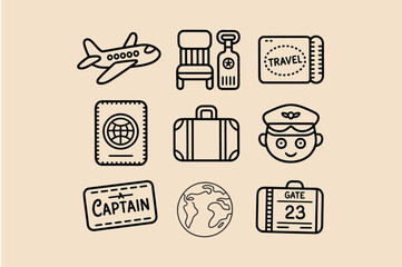 Collection of travel themed icons including airplane ticket passport and luggage on a beige background