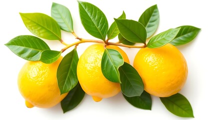 Fresh lemon with green leaves, showcasing natural vibrancy in a clean, minimalist composition.