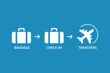 White baggage check in and transfers icons with arrows on a blue background for travel and transport