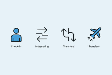 Four travel icons showing check in indeprating and transfers on a light blue background design layout