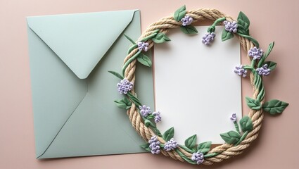 Elegant Pastel Stationery Set with Floral Wreath and Blank Card on a Soft Pink Background