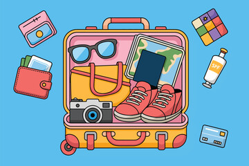 A suitcase packed with travel items including a camera shoes and accessories on a blue background