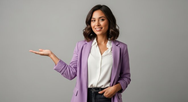 Young woman in blazer presenting with open palm against a gray background - Powered by Adobe