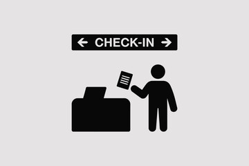 A black and white image of a check in sign with a person and a desk illustration icon art