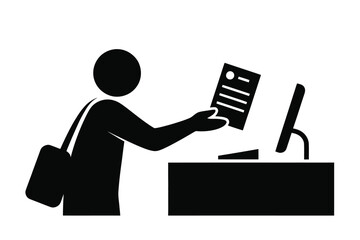 A stick figure handing over a document at a desk with a computer and a bag on their shoulder
