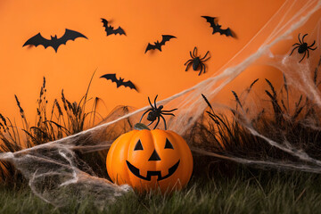 AI-Generated Halloween Pumpkin Scene with Spider Webs and Bats on Orange Background