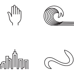 Four black line art icons: hand, wave, cityscape, and curve on transparent background