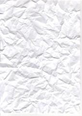White crumpled paper texture with sharp wrinkles and deep folds, ideal for grunge design, posters, scrapbooking, backgrounds, packaging, and creative textured artwork.