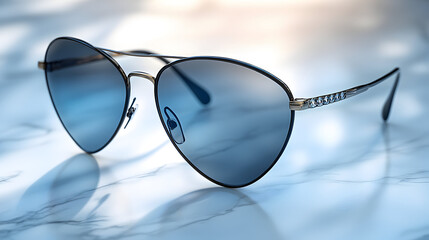 A pair of blue aviator sunglasses with a silver frame on a light blue reflective surface.
