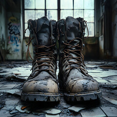 A pair of worn leather boots sits on a damaged tile floor in an abandoned building.