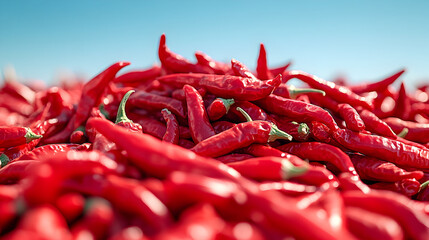 A pile of red chili peppers outdoors against a blue sky.