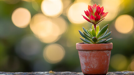 A red and green succulent plant in a terracotta pot, outdoors with a blurred background.