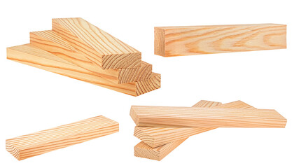 Collection of pine wooden beams isolated on a white background. Wooden planks.