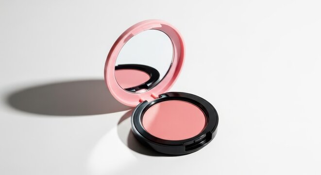 An open blush compact with a pink case and mirror sits on a white surface casting a shadow