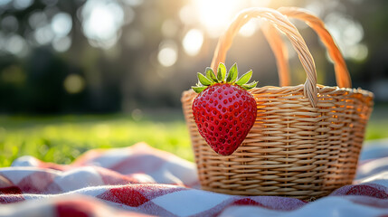 A single strawberry in a small wicker basket sits on a red and white checkered picnic blanket in a grassy park.