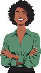 Confident African American Woman Smiling with Arms Crossed in Green Shirt Vector Illustration 