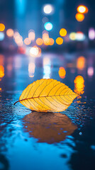 A single yellow leaf lies on a wet city street at night, reflecting in a puddle.