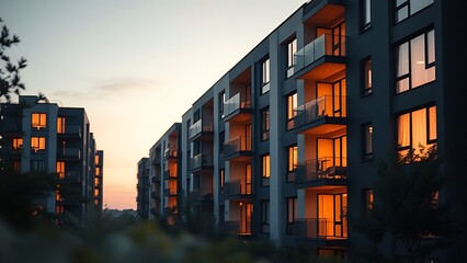 Modern residential buildings at dusk, their clean lines highlighted by warm interior lights.