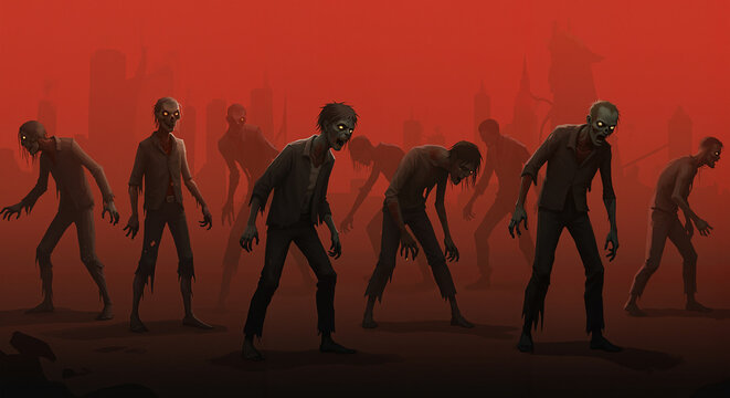 Group of zombies walking in a dark urban environment with red sky - Concept of Halloween  
