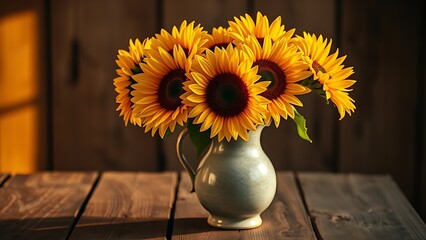 A sunflower bouquet in a vintage vase on a rustic wooden surface, glowing in golden hour light.