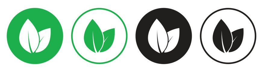 Leaf Icon Set in Green and Black Circular Design for Eco and Nature Themes