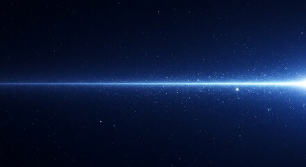 Obraz premium Bright horizontal flare of blue light with glowing particles on a dark space background.